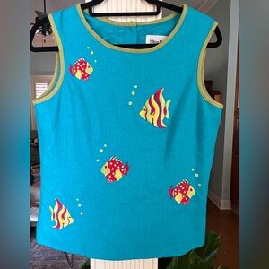 Colorful Linen sleeveless lined  embroidered Fish Print Top Aqua & yellow size 8